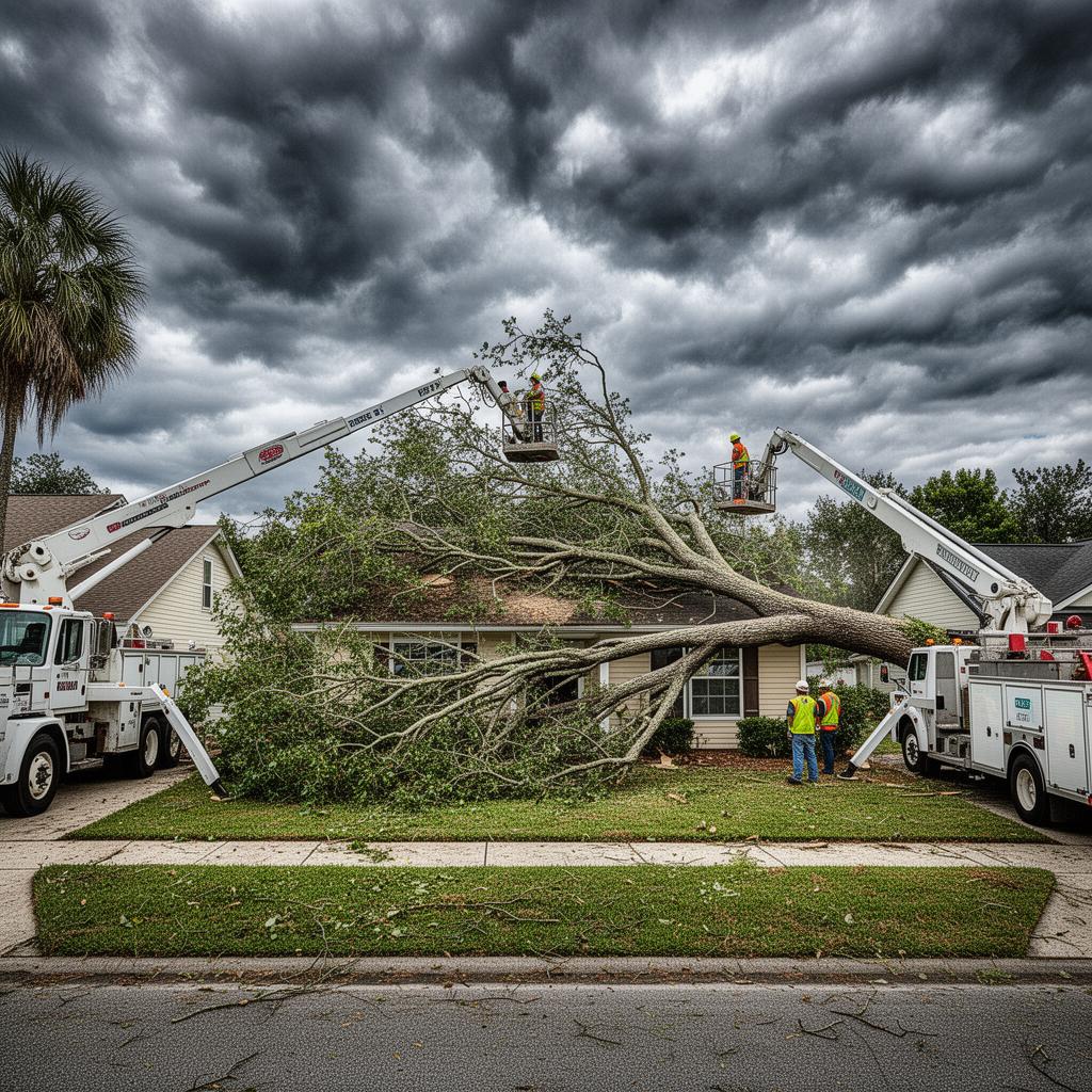 AGES Tree Service crew using bucket truck for emergency tree removal in North Florida
