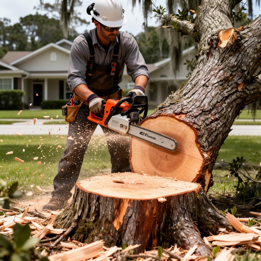Arborist standing on freshly cut tree stump after emergency removal in Orange Park FL