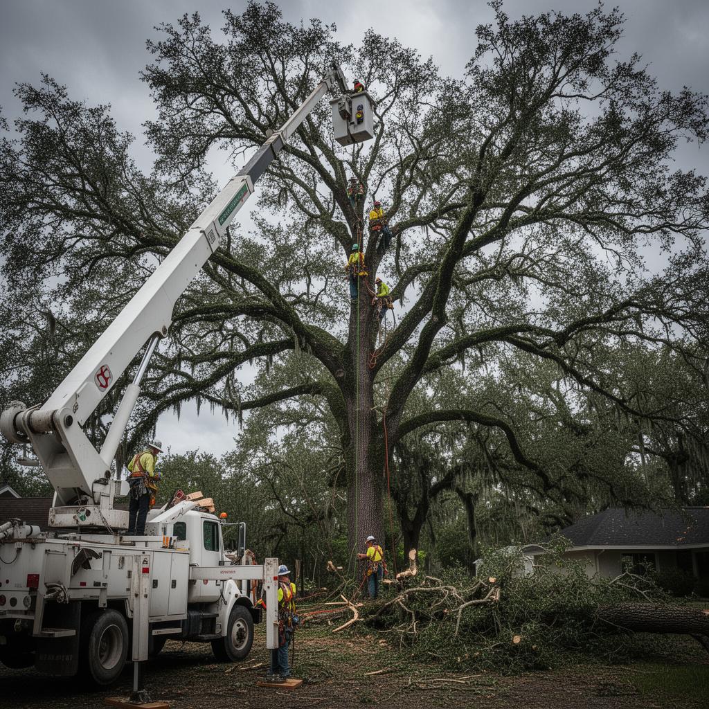 AGES Tree Service crew performing emergency high-reach tree work in Jacksonville FL